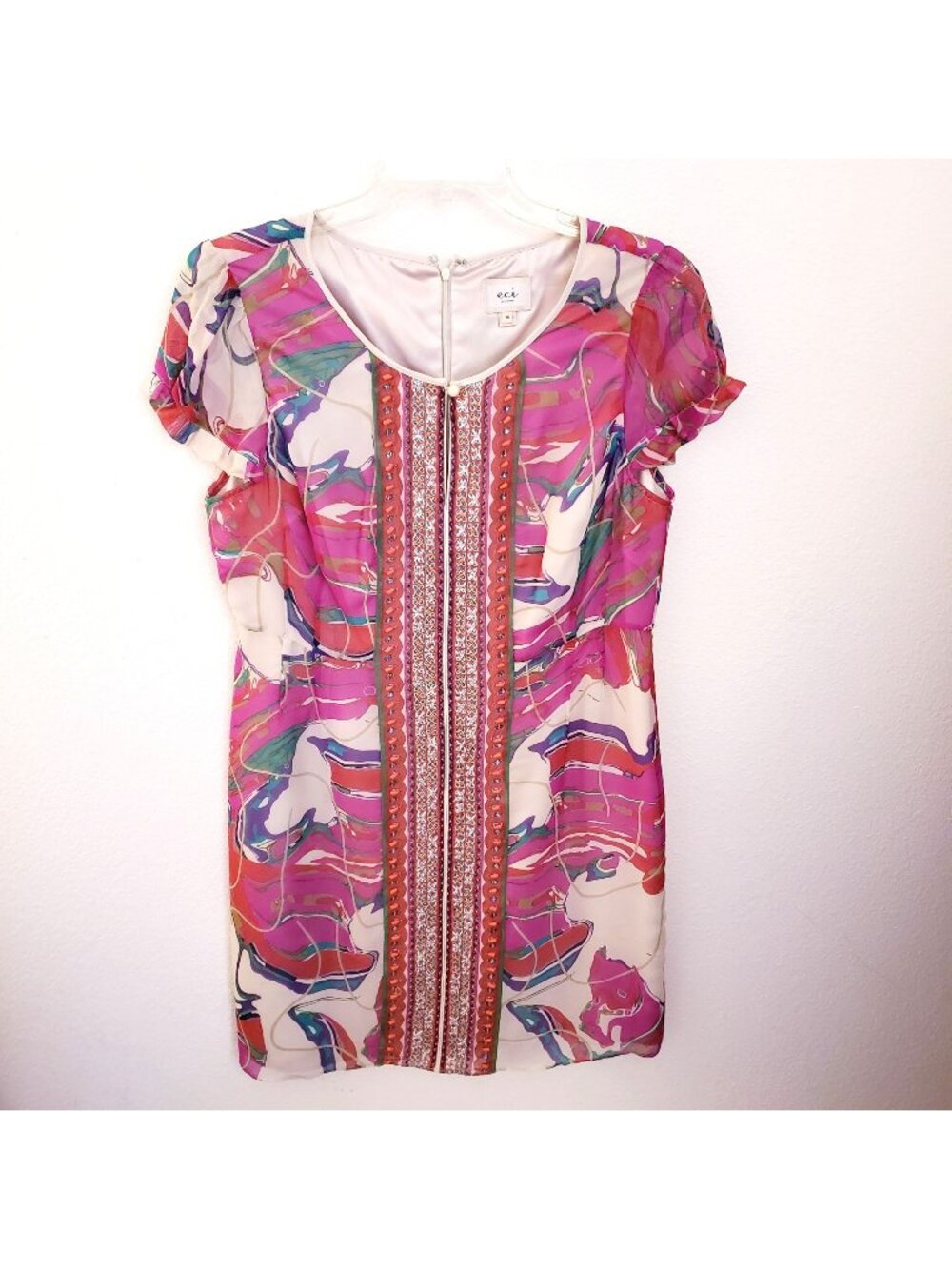 ECI Beaded and Embroidered Colorful Cocktail Short Sleeve Dress Size 14 EUC